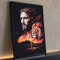 Quadro Decorativo Grande Jesus e Leão de Judá Cruz para Sala | quadros decorativos para sala | retrato de Jesus barbudo ao lado da cabeça de um leão com cruz e pôr do sol laranja | Porao dos Quadros