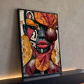 Quadro Decorativo Retrato Tribal com Retalhos e Flor | quadros decorativos para sala | rosto feminino com retalhos coloridos costurados e flor listrada ao lado | Porao dos Quadros