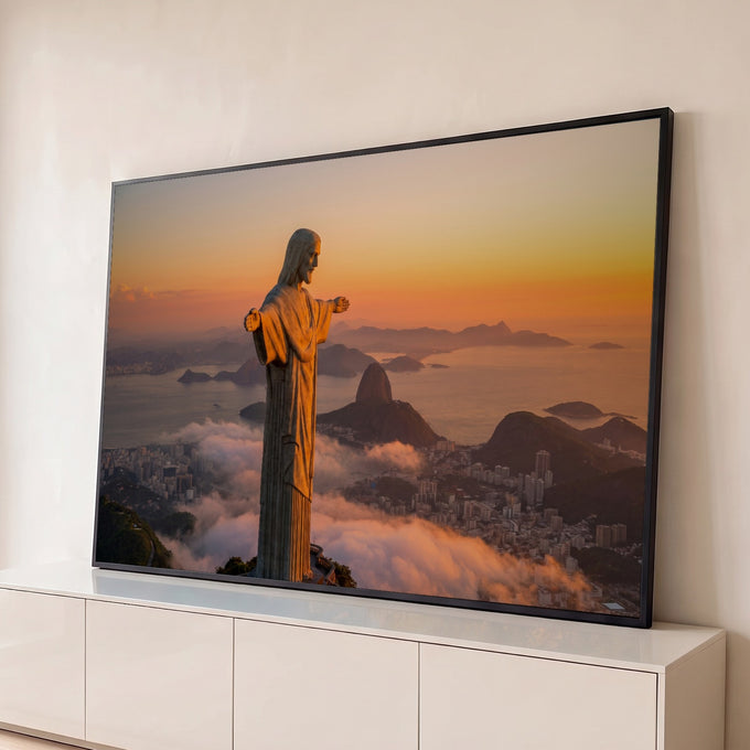 Cristo Redentor no Corcovado ao pôr do sol, Rio de Janeiro e Pão de Açúcar entre nuvens, quadro decorativo