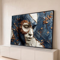 Quadro Decorativo Grande Rosto em Porcelana para Sala Azul - Borda Infinita / 65x100cm