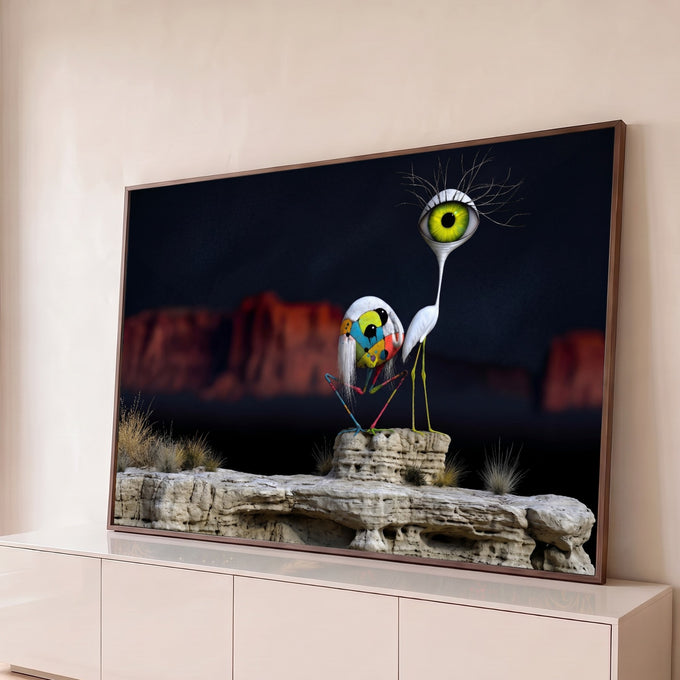 Pássaro com cabeça de olho verde gigante e criatura colorida sobre rocha no cânion, quadro decorativo