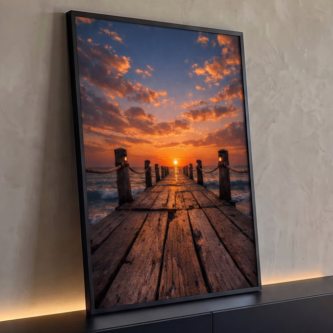 Quadro Decorativo Grande Píer de Madeira Laranja para Sala | quadros decorativos para sala | píer de madeira estendendo-se ao mar sob pôr do sol laranja intenso com nuvens dramáticas | Porao dos Quadros