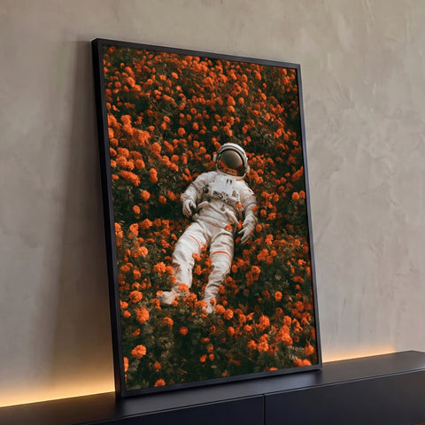 Quadro Decorativo Astronauta Deitado em Campo de Flores | quadros decorativos para sala | astronauta de traje branco deitado em campo de flores laranja vibrantes | Porao dos Quadros