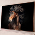 Retrato de cavalo castanho com crina escura esvoaçante e luz dramática sobre fundo preto, quadro decorativo