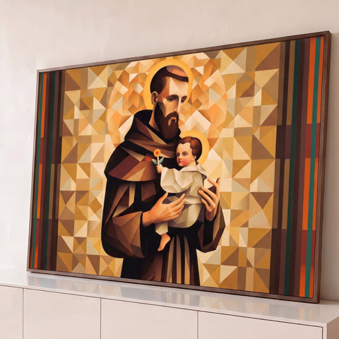 Santo Antônio de hábito marrom segurando o Menino Jesus em mosaico geométrico dourado, quadro decorativo