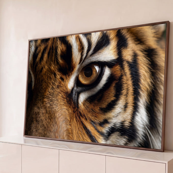 Quadro Decorativo Grande Olho Tigre Macro para Sala Laranja | quadros decorativos para sala | close extremo do olho âmbar de um tigre com pelagem listrada ao redor | Porao dos Quadros