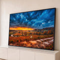 Quadro Decorativo Grande Paisagem de Outono para Sala Azul | quadros decorativos para sala | paisagem de outono com rio, ponte de pedra e céu azul dramático ao entardecer | Porao dos Quadros