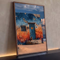 Casa de praia rústica azul e laranja com porta de coração e gato sentado na areia, quadro decorativo
