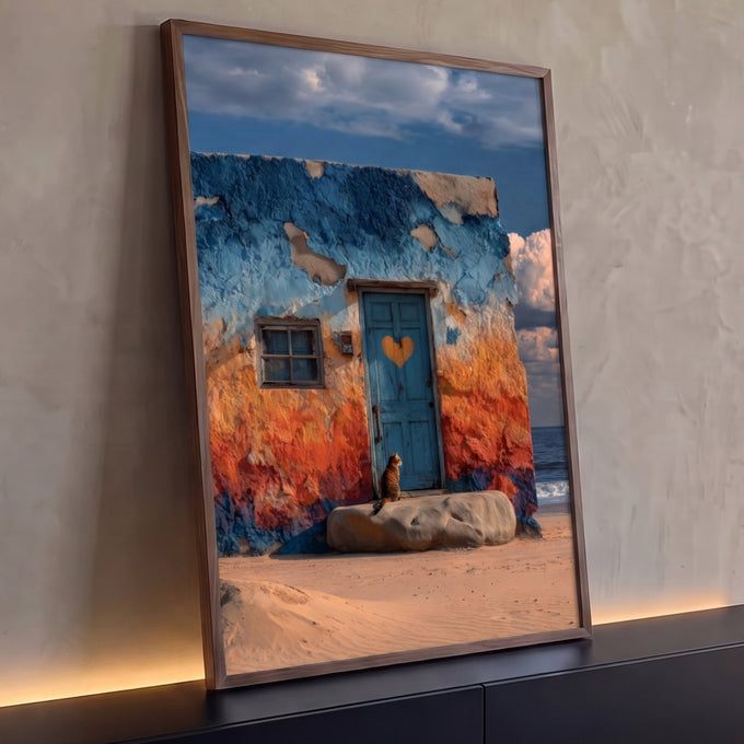 Casa de praia rústica azul e laranja com porta de coração e gato sentado na areia, quadro decorativo