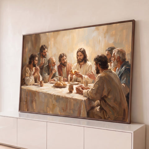Jesus partindo o pão com os apóstolos na Santa Ceia, pintura a óleo em tons bege, quadro decorativo