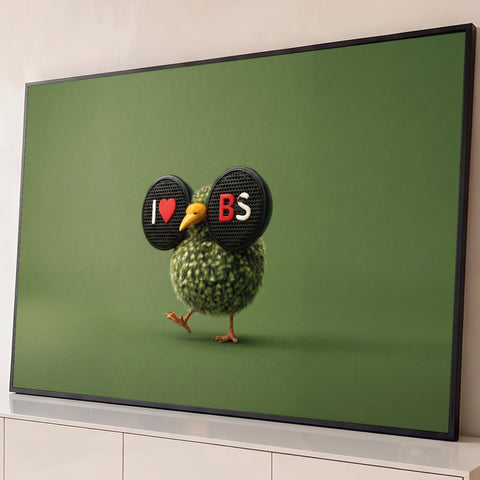 Pássaro verde felpudo com fones de som escritos I love BS andando em fundo verde, quadro decorativo