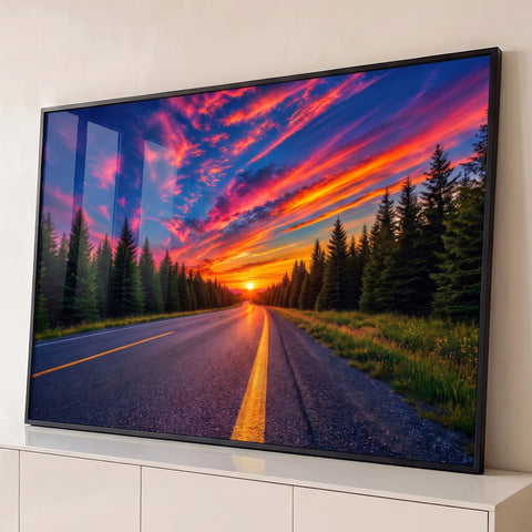 Estrada entre pinheiros rumo ao pôr do sol com céu rosa, laranja e azul vibrante, quadro decorativo