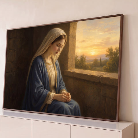 Nossa Senhora de manto azul em oração junto à janela de pedra com pôr do sol dourado, quadro decorativo