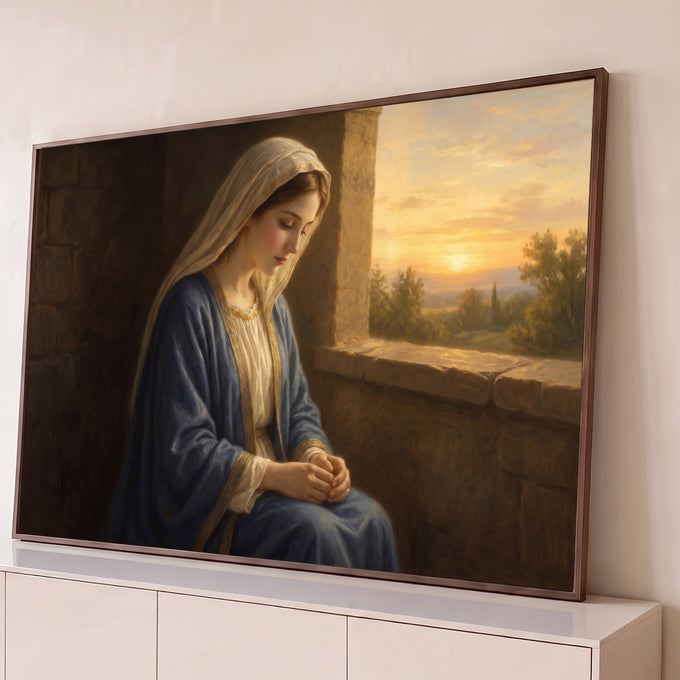 Nossa Senhora de manto azul em oração junto à janela de pedra com pôr do sol dourado, quadro decorativo