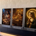 Quadro Decorativo Kit 3 Telas Última Ceia para Sala Marrom | quadros decorativos para sala | Última Ceia com Jesus e apóstolos ao lado de Nossa Senhora em oração com halo dourado | Porao dos Quadros