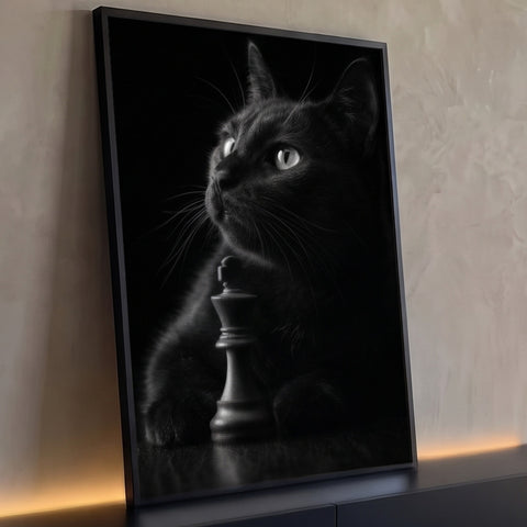 Gato preto olhando para cima ao lado de peça de rei do xadrez em fotografia preto e branco, quadro decorativo