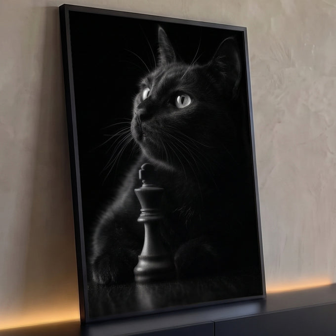 Gato preto olhando para cima ao lado de peça de rei do xadrez em fotografia preto e branco, quadro decorativo
