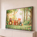 Ursinhos, raposa, coelho e guaxinim em festa com bolo e balões na floresta em aquarela, quadro decorativo
