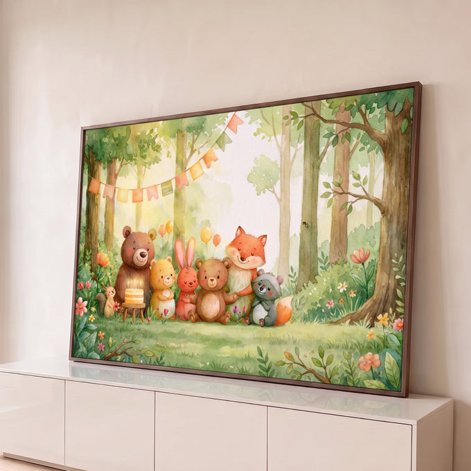 Ursinhos, raposa, coelho e guaxinim em festa com bolo e balões na floresta em aquarela, quadro decorativo