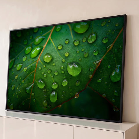 Fotografia macro de folha verde com gotas de água e nervuras avermelhadas, quadro decorativo