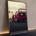 Carro esportivo vermelho clássico visto de trás ao pôr do sol com palmeiras, quadro decorativo