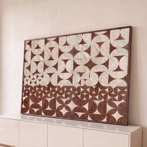Padrão geométrico Bauhaus de círculos e estrelas em textura bege e marrom terroso, quadro decorativo