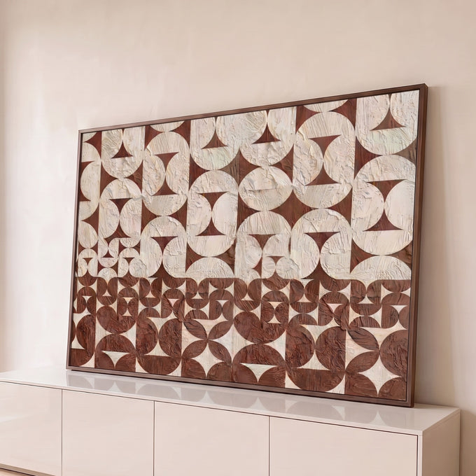 Quadro Decorativo Grande Geométrico Textura para Sala Bege | quadros decorativos para sala | padrão geométrico em textura bege e marrom formando mosaico de círculos | Porao dos Quadros