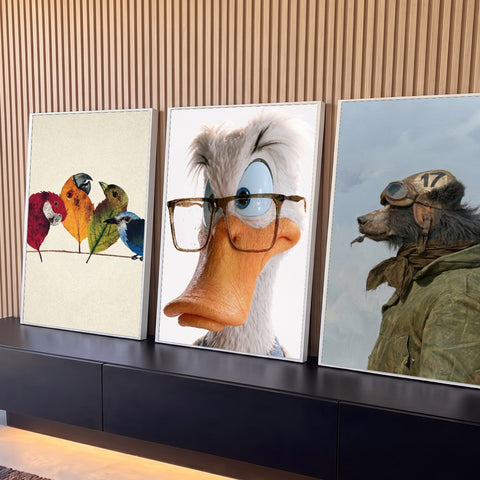 Quadro Decorativo Kit 3 Telas Aves de Folhas para Sala | quadros decorativos para sala | pássaros de folhas, pato de óculos e lobo aviador em três cenas lado a lado | Porao dos Quadros