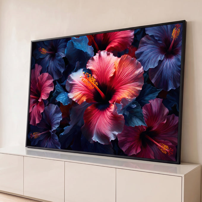Quadro Decorativo Grande Hibiscos em Tons de Azul para Sala | quadros decorativos para sala | flores de hibisco em rosa azul e vinho com estames amarelos sobre fundo escuro | Porao dos Quadros