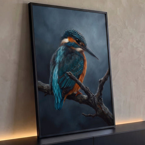 Martim-pescador azul turquesa e laranja pousado em galho seco sobre fundo azul escuro, quadro decorativo