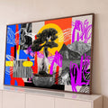 Quadro Decorativo Grande Bonsai em Colagem para Sala Azul | quadros decorativos para sala | bonsai realista com fundo colorido geométrico estilo colagem pop art | Porao dos Quadros