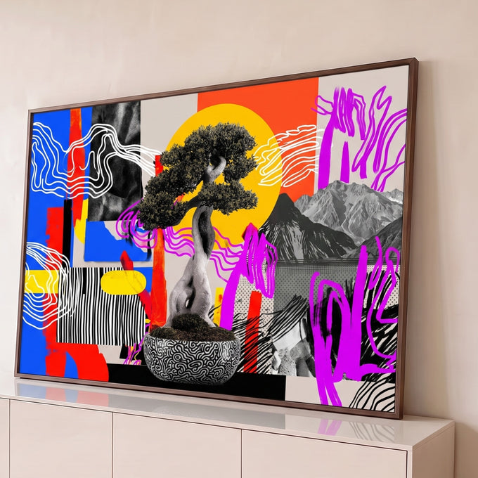 Quadro Decorativo Grande Bonsai em Colagem para Sala Azul | quadros decorativos para sala | bonsai realista com fundo colorido geométrico estilo colagem pop art | Porao dos Quadros