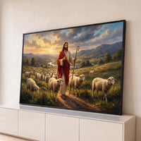 Quadro Decorativo Grande Jesus com Ovelhas para Sala Verde - Borda Infinita / 65x100cm