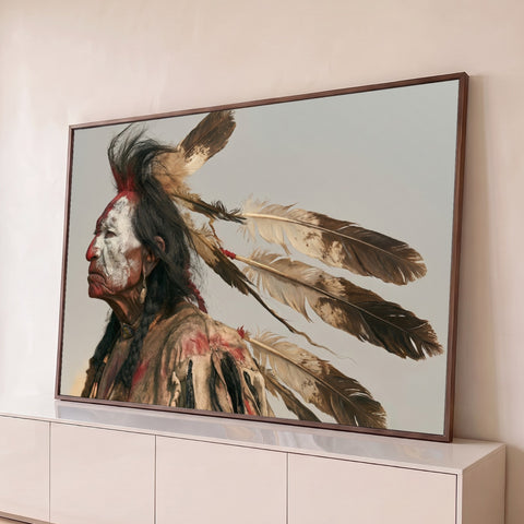 Guerreiro indígena de perfil com pintura facial branca e vermelha e cocar de penas marrons, quadro decorativo