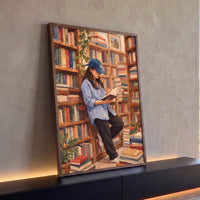 Quadro Decorativo Grande Mulher Lendo para Sala Azul - Borda Infinita / 100x65cm