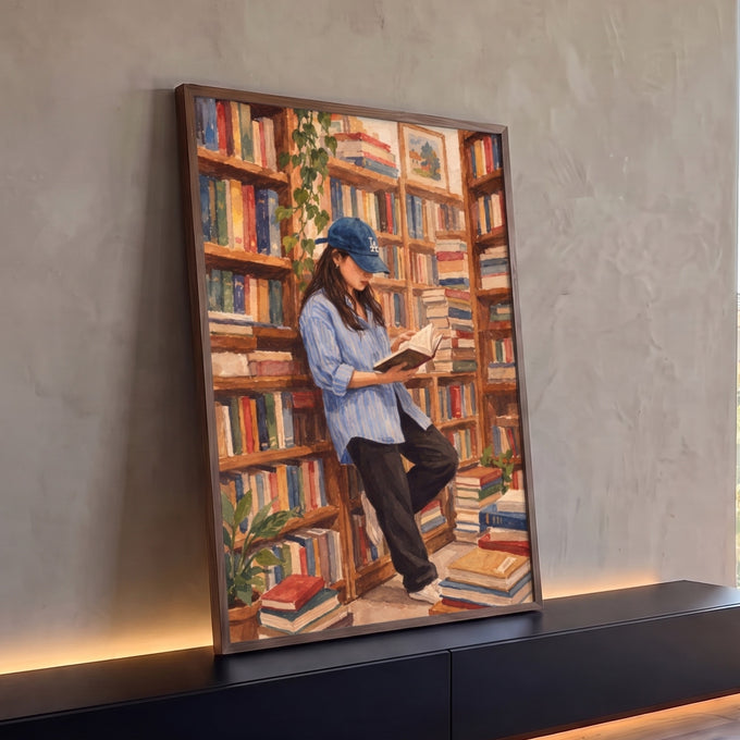 Quadro Decorativo Grande Mulher Lendo para Sala Azul | quadros decorativos para sala | mulher de boné lendo livro em biblioteca com estantes coloridas em aquarela | Porao dos Quadros