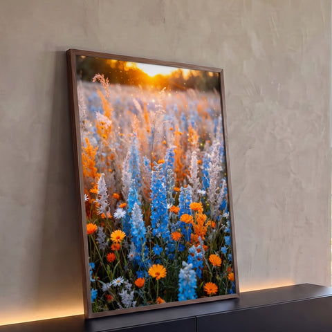 Quadro Decorativo Grande Campo de Flores para Sala Azul | quadros decorativos para sala | campo de flores azuis e laranjas iluminado pelo pôr do sol dourado | Porao dos Quadros