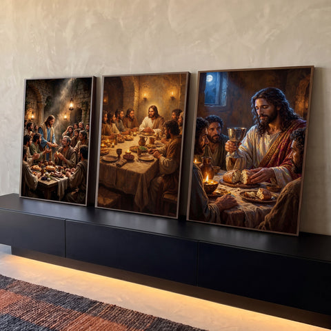 Quadro Decorativo Kit 3 Telas Última Ceia de Jesus para Sala | quadros decorativos para sala | cena da Última Ceia com Jesus e apóstolos à mesa, velas e cálice dourado | Porao dos Quadros