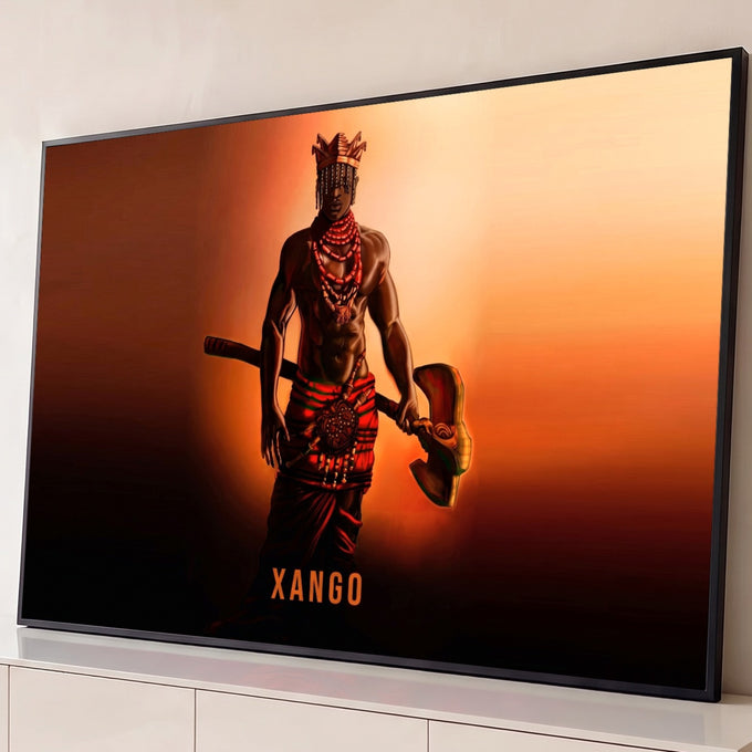 Xangô coroado com colares vermelhos e machado duplo sobre fundo laranja e preto, quadro decorativo