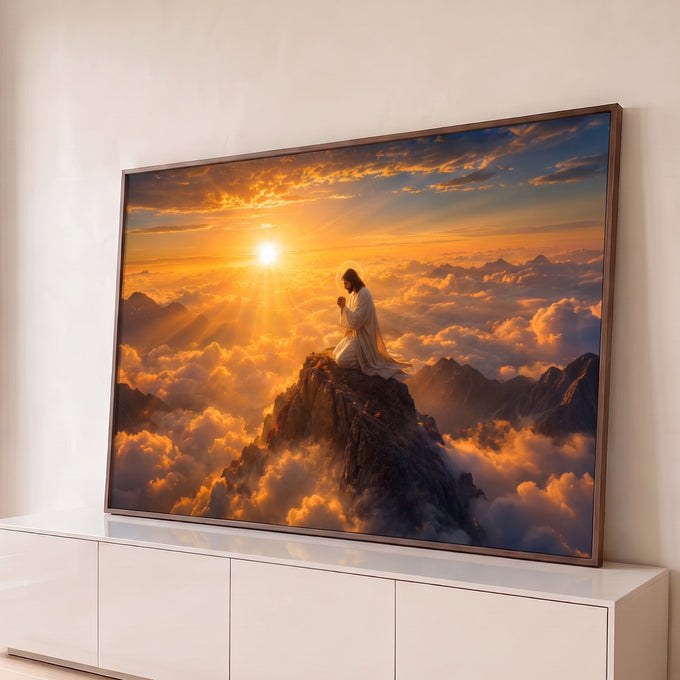 Jesus ajoelhado orando no pico de montanha acima das nuvens ao nascer do sol dourado, quadro decorativo