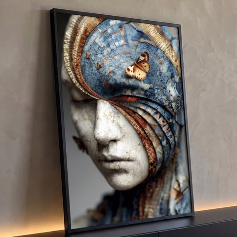 Rosto feminino de porcelana rachada com véu azul e dourado e borboleta pousada, quadro decorativo