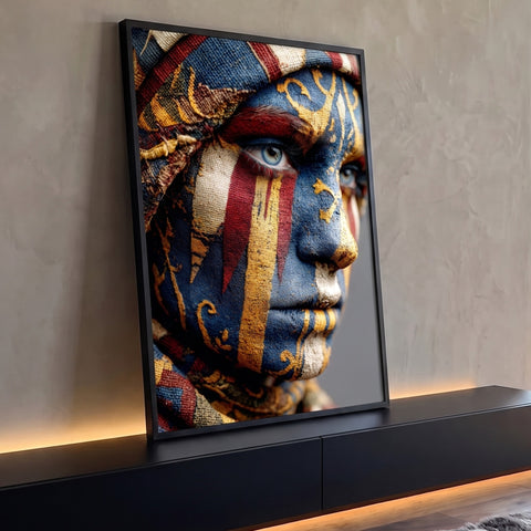 Close de rosto feminino pintado com listras azul, vermelho e dourado e olho azul, quadro decorativo