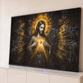 Quadro Decorativo Grande Sagrado Coração Manto para Sala | quadros decorativos para sala | Jesus Cristo apontando para coração sagrado dourado em fundo preto estilo grafite | Porao dos Quadros