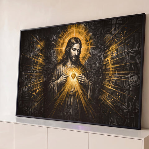Jesus com o Sagrado Coração dourado e auréola de luz sobre fundo preto em grafite, quadro decorativo