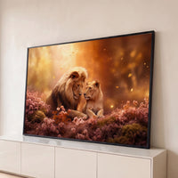 Quadro Decorativo Grande Leões Apaixonados para Sala Laranja - Borda Infinita / 65x100cm