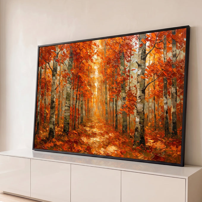 Quadro Decorativo Grande Floresta de Bétulas para Sala | quadros decorativos para sala | floresta de bétulas com folhagem laranja e vermelha outonal em trilha iluminada | Porao dos Quadros