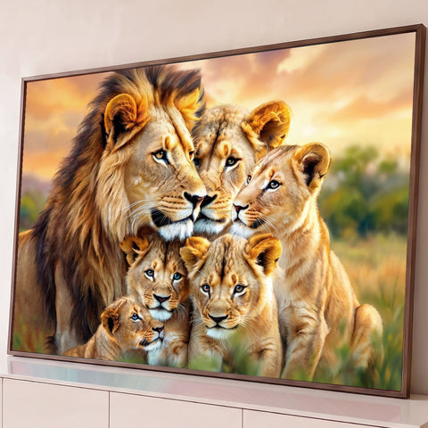 Leão, leoa e quatro filhotes abraçados na savana sob céu dourado de pôr do sol, quadro decorativo