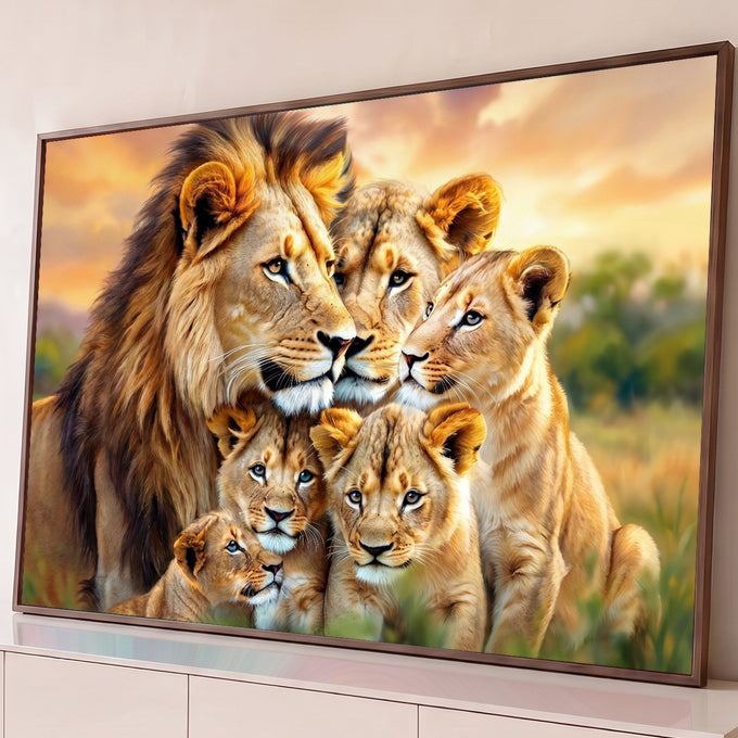 Quadro Decorativo Grande Família Leoa para Sala Dourado | quadros decorativos para sala | família de leões com filhotes em close-up sob céu de pôr do sol dourado | Porao dos Quadros