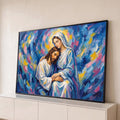 Quadro Decorativo Grande Jesus e Maria para Sala Azul | quadros decorativos para sala | Jesus e Maria abraçados sobre fundo abstrato em azul, rosa e dourado | Porao dos Quadros