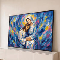 Quadro Decorativo Grande Jesus e Maria para Sala Azul - Borda Infinita / 65x100cm